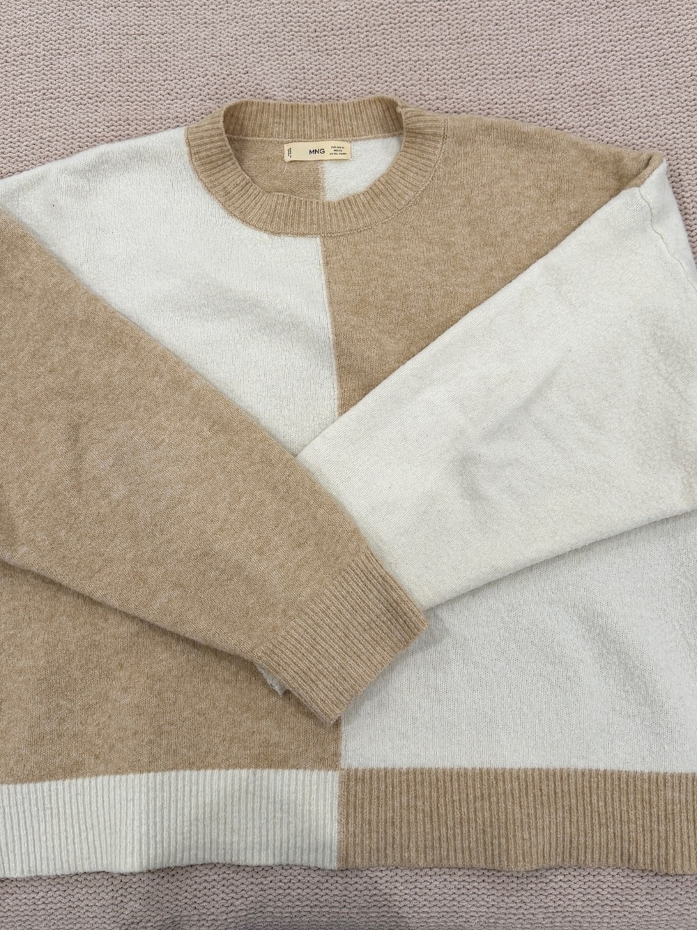 Mango women Colorblock Crewneck Sweater in Beige & Cream